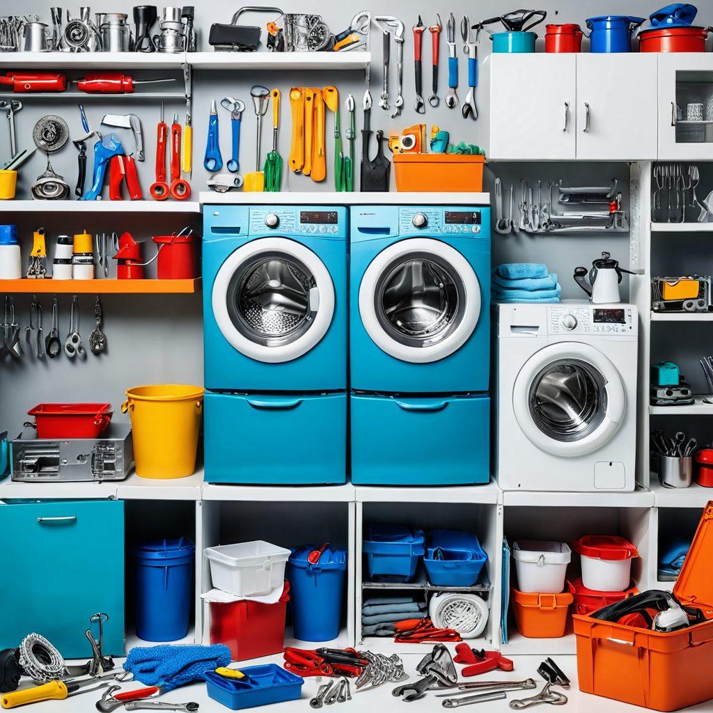 A collage of various home appliances like washing machines, refrigerators, and microwaves, featuring vibrant tools like wrenches and screwdrivers in action. In the background, a well-organized workshop with a toolbox and repair manuals, symbolizing reliability and expertise. Light illuminating the tools showcases them vividly for a sense of clarity and guidance. super-realistic. vibrant colors. white background.
