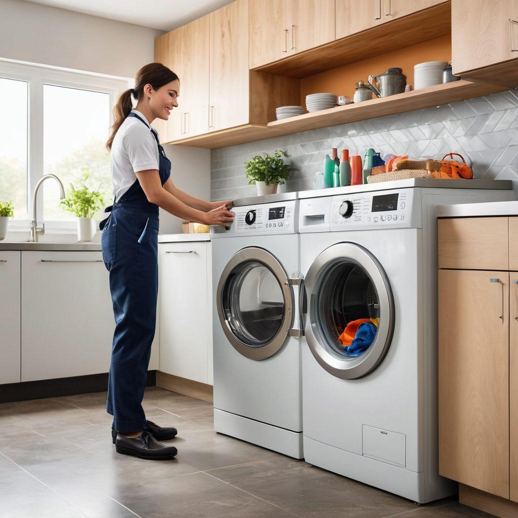 A friendly technician repairing a washing machine in a bright, modern kitchen filled with various appliances. In the background, a satisfied customer observes, while icons of installation tools and service checklists float around. The scene conveys professionalism and trust in appliance services. vibrant colors. super-realistic.