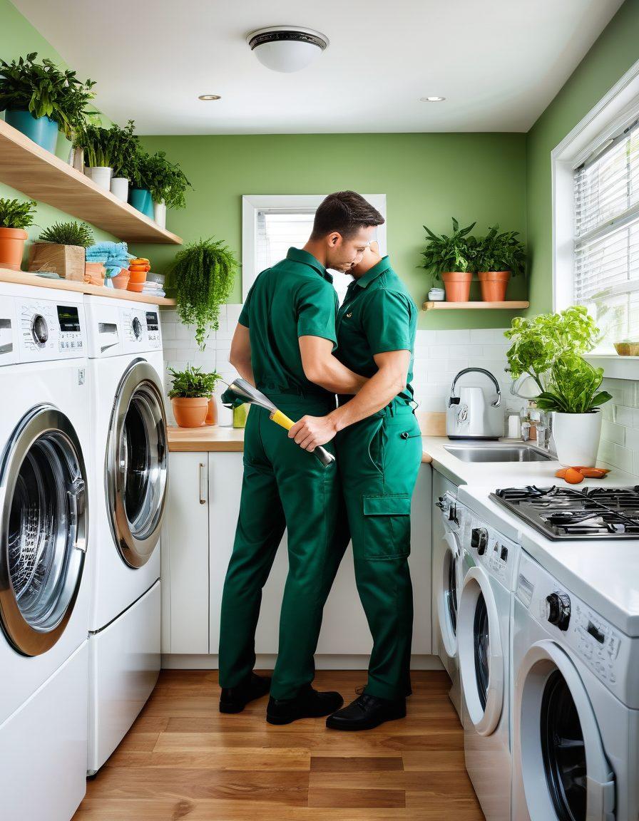 A bustling kitchen and laundry area showcasing various appliances in excellent condition, surrounded by tools and tips for maintenance. Include a clock symbolizing longevity, vibrant plants symbolizing freshness, and a friendly, professional technician inspecting appliances. The overall atmosphere should reflect cleanliness and efficiency. super-realistic. vibrant colors. white background.
